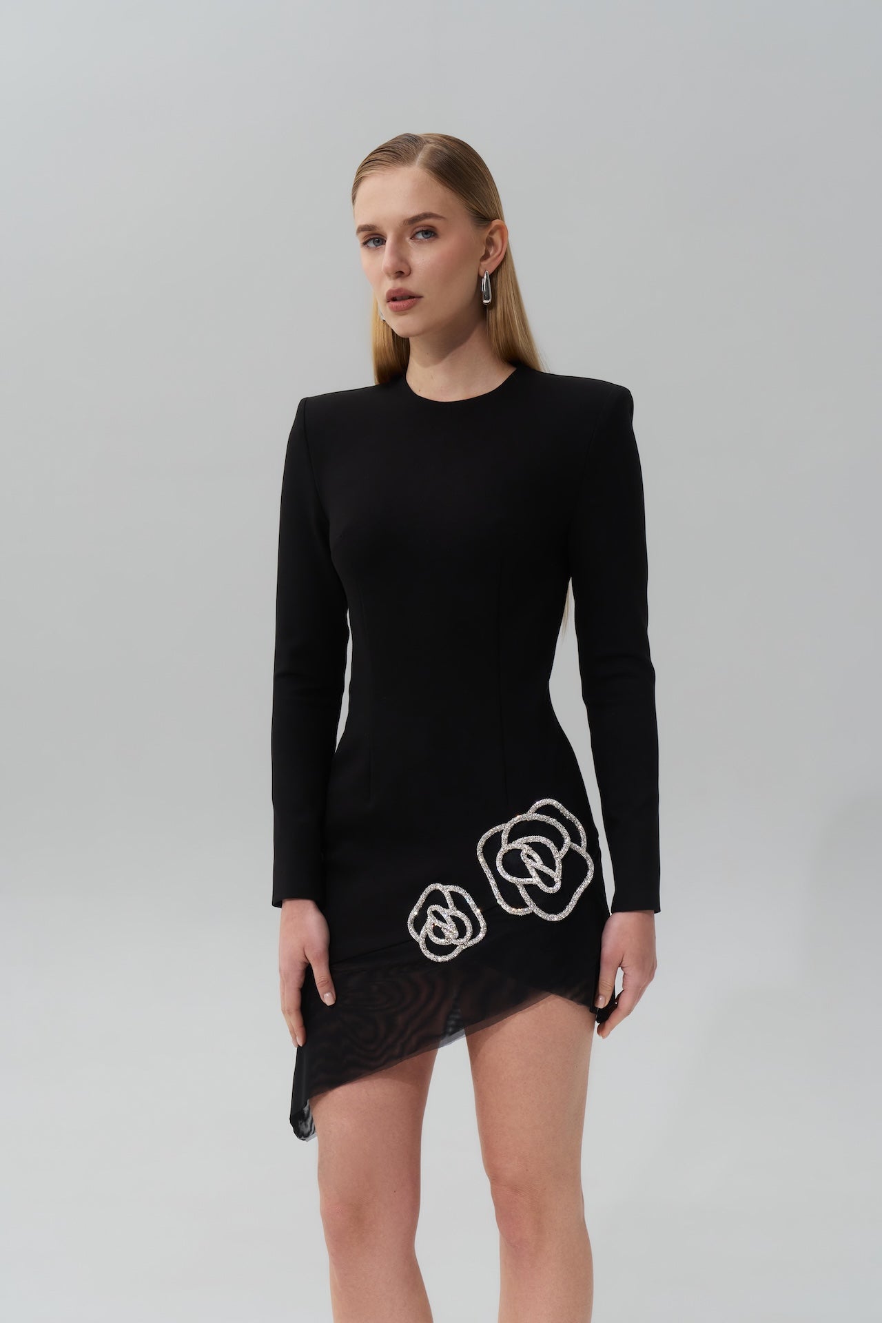 Asymmetrical Mini Dress With Crystal Rose Embellishments | Women's Mini dresses - NDS The Label - Modalova